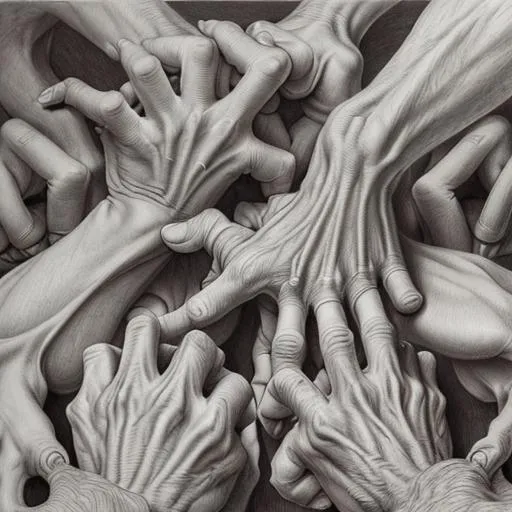 Prompt: M.C. Escher, pencil drawing, detailed, fingers from every angle, twisted hands, chaos, knuckles, tendons, extra fingers, creepy, Peter Paul Rubens, anatomy