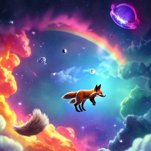 Prompt: fox in space swimming in a rainbow asteroid field 