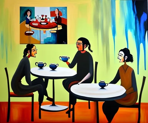 Prompt: A painting of two people sitting at a table talking and drinking tea with a painting on the wall of this painting but upside down and the overall picture abstract and different 