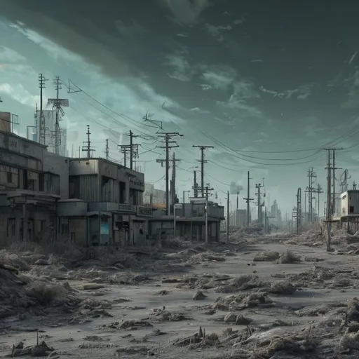 Prompt: photorealistic, a desolate society that humans have left long ago, green grey blue yellow, 

