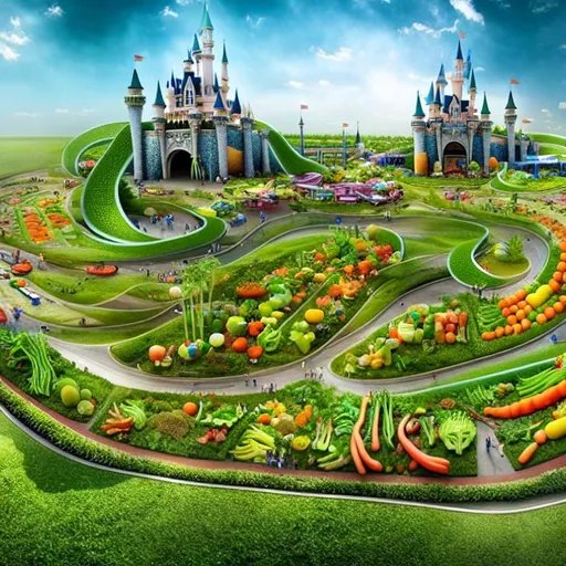 Prompt: cgi, theme park made of vegetables in Florida, hyper detailed, epic composition