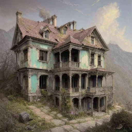 Prompt: "Epic cinematic art of an insanely detailed old dilapidated house on a hill at the end of a street of pretty, pastel houses, by tomasz allen kopera, dariusz zawadzki, andreja peklar, ivan shiskin, beautiful, colorful, ultra detailed, ultra-realistic, a masterpiece, polished, crisp quality "by michal karcz, daniel merriam, victo ngai and guillermo del toro, ornate, intricate, mushrooms, flowers, waterfall, river, bridge, elegant, highly detailed, centered, artstation, smooth, sharp focus, octane render"



