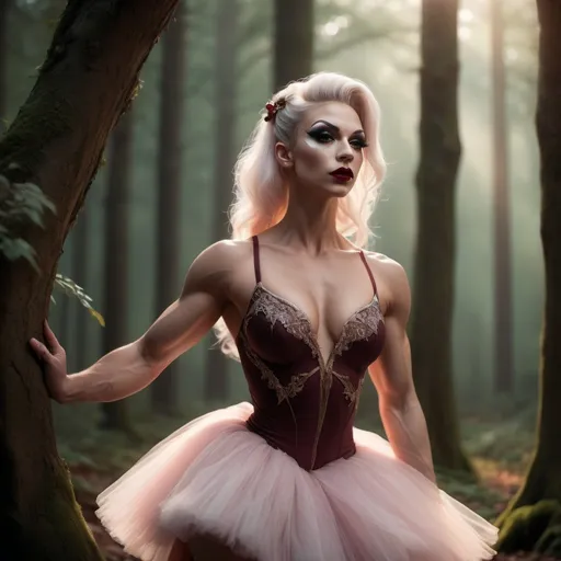 Prompt: (focused character gorgeous ultra-muscular 25-year-old Swedish drag queen bodybuilder), (elegant ballet pose), soft warm lighting, large busom, flowing pastel-colored tutu, enchanted forest background, delicate expression, intricate details in attire, dark eyeshadow,  dark red lipstick, immersive atmosphere, ethereal vibe, graceful movements, dreamy ambiance, intricate ballet shoes, glowing soft light filtering through trees, beautiful HD quality, atmospheric cinematic mastery