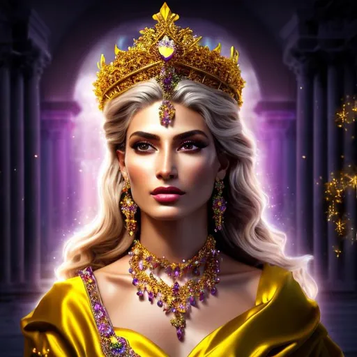 Prompt: HD 4k 3D 8k professional modeling photo hyper realistic beautiful leader woman ethereal greek goddess of law and order
yellow hair brown eyes gorgeous face olive skin shimmering purple robes with gems jewelry and olive branch tiara full body surrounded by magical glowing divine light hd landscape background temple scales of justice