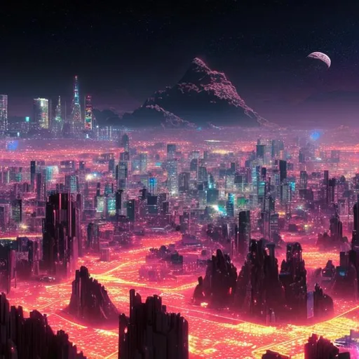 Prompt: city built on an asteroid, in space for mining, tokyo, neon lights