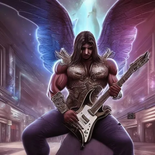 Prompt: Bodybuilding Assyrian Winged warrior playing guitar for tips in a busy alien mall, widescreen, infinity vanishing point, galaxy background