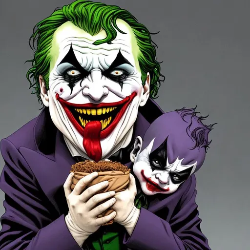 Prompt: Joker dark night  eating baby