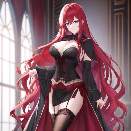 Prompt: Haley 1female (long, sleek, and cascading in loose waves red hair, lively blue eyes), highly detailed face, 8K, UHD, wearing a black lace corset, thigh-high stockings, and a flowing velvet capeModel, , in a haunted mansion, posing for the camera, young adult