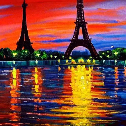 Prompt: beautiful painting of the eiffel tower with birds and a sunset
