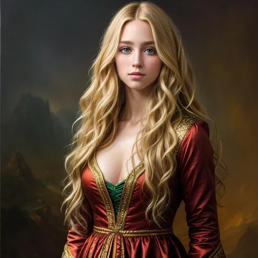 Prompt: Oil painting, Chiaroscuro, landscape, UHD, 8K, highly detailed, panned out view of the character, visible full body, a hyperdetailed mage girl, hyperdetailed long blonde hair, masterpiece, hyperdetailed full body, hyperdetailed feminine attractive face and nose, complete body view, ((hyperdetailed eyes)), perfect body, perfect anatomy, beautifully detailed face, alluring smile, ((fantasy_gown1.3)), small chest