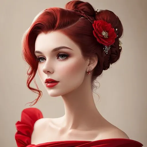 Prompt: Beautiful woman portrait wearing red,elaborate updo hairstyle adorned with flowers