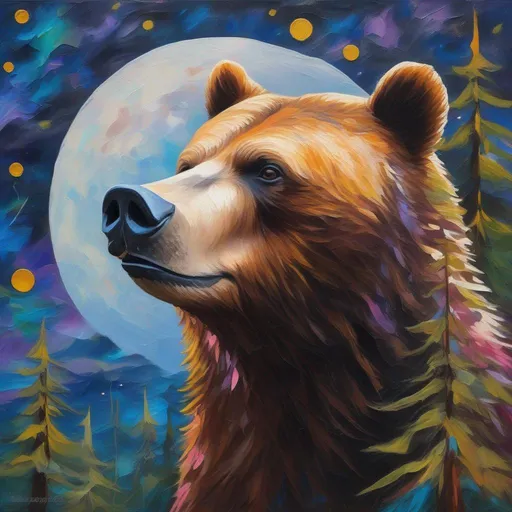 Prompt: A profile beautiful and colourful picture of a handsome man with brunette hair and a mustach, is surrounded by Sitka Spruce trees, a brown bear, and a goose in flight, framed by the moon and constellations, in an impressionistic colourful acrylic palette knife style.