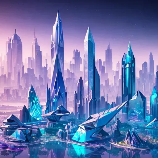 Prompt: City with sleek and angular designs, utilizing transparent materials and incorporating holographic displays. The buildings are adorned with intricate patterns and geometric shapes. Futuristic, crystals.