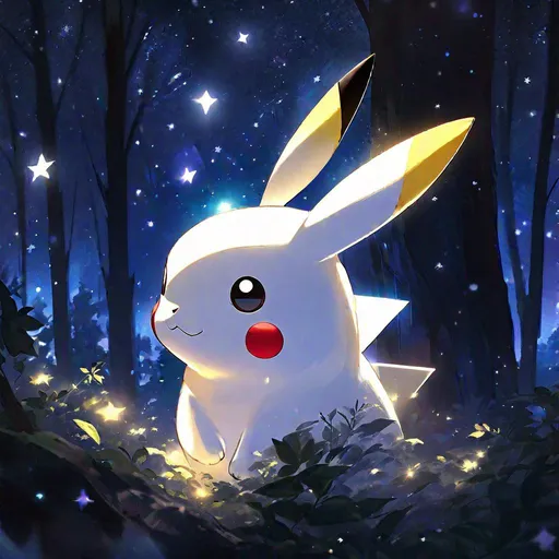 Prompt: portrait of A white elegant translucent pikachu head that is glowing, in a forest, beneath the stars, highres, best quality, concept art