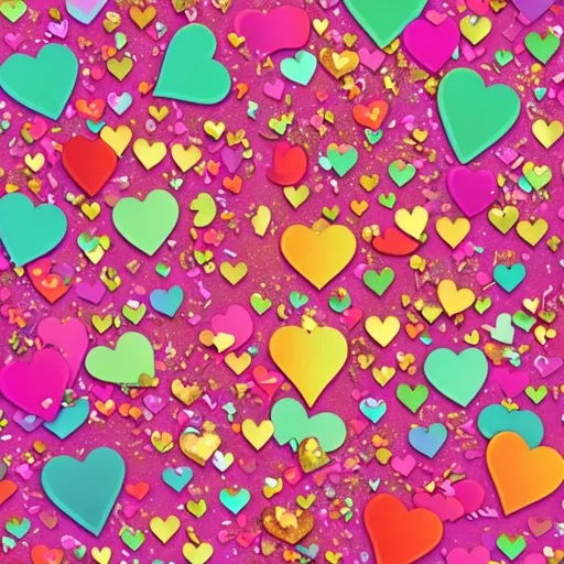 Prompt: Cute glittery and metallic background with brightly colored heart variations in sizes Lisa Frank style