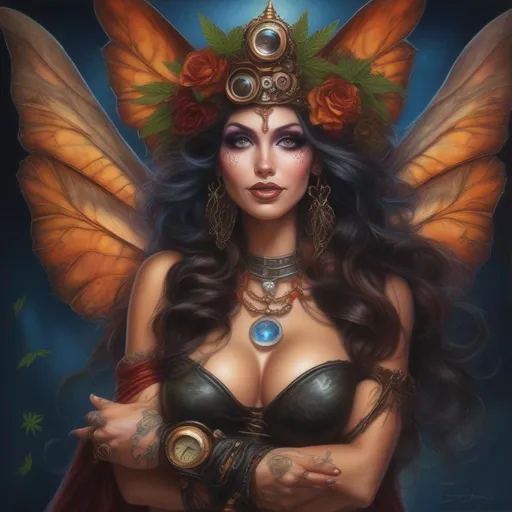 Prompt:  ((Wide angle)). ((Hyper real painting)). Halloween night.  Shes a ((colorful)), steam punk, belly dancer, Witch. A ((spectacular)), winged, Cannabis fairy. ((An extremely beautiful)), buxom,  shapely woman with, ((Anatomically real hands)), and ((vivid)), ((colorful)), ((extremely, bright eyes)),  wearing a skimpy, ((colorful)), ((gossamer)), ((flowing outfit)).  ((high res detailed illustration)). ((Sony a7 IV)). ((Cinematic)). ((Epic)). ((Concept art)). ((Freak render)). 