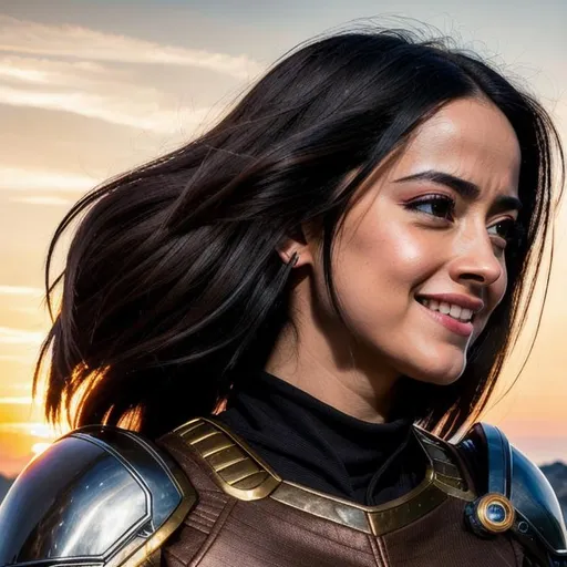 Prompt: 64K UHD Ultra-Realistic Ultra-Detailed Side-View of Laughing Alita Battle Angel, Head Bent Down. Bob-Styled Hair. Bright Brown Almond-Shaped Eyes. Brown Cloak Covering her Shoulders. Small Rounded Chin. Blushing High Cheekbones. Dramatic Sunset Accentuating her Sensual Beauty.
