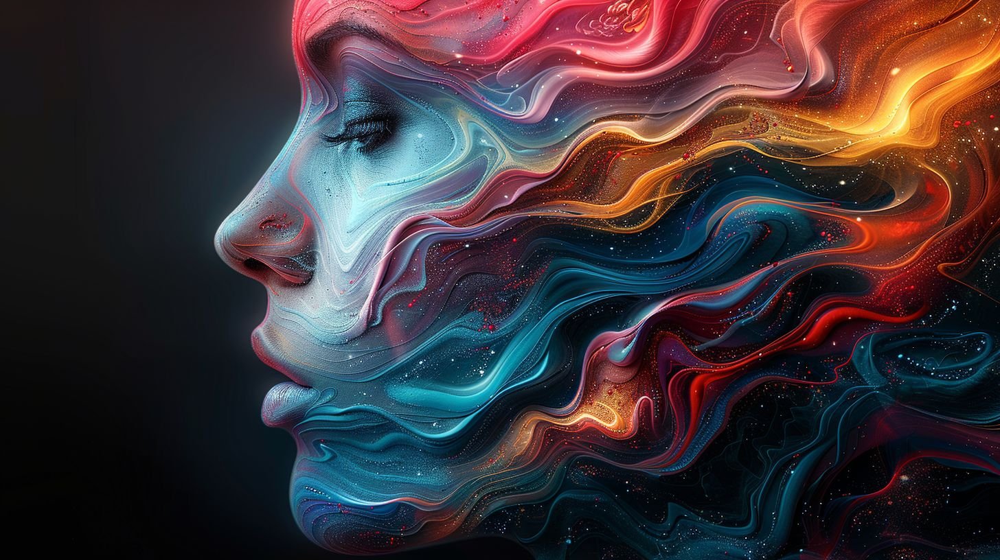 Prompt: A surreal artwork depicting the abstract representation of facial expressions through vibrant colors and swirling patterns, creating an immersive visual experience that blurs the lines between reality and imagination. The focus is on the face in the style of expression.