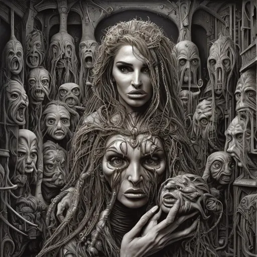 Prompt: Katie price, detailed face, by aardman, by brian froud, by h g giger, by mc escher, studio lighting