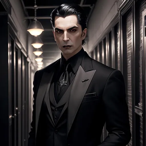 Prompt: Male vampire, Clan Tzimisce, plastic surgeon, mild Lovecraftian horror element to his face, cold expression, black hair slicked back, surrounded by macabre art in a sterile office, vampire the masquerade, detailed symmetrical face, city at night style background, well lit by street lights, vampire, real, alive, real skin textures,