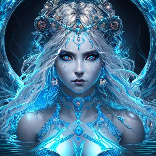 Prompt: Electric goddess of water, digital painting, highly-detailed symmetric face, cinematic dark cold color palette, spotlight,perfect composition, hyperrealistic, super detailed, 8k, high quality, sharp focus,intricate details, highly detailed, dynamic lighting, detailed and intricate environment,