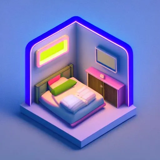 Prompt: Tiny cute isometric bedroom in a cutaway box, neon, soft smooth lighting, soft colors, 100mm lens, 3d blender render