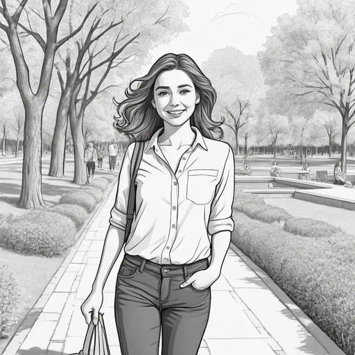 Prompt: generate colouring book for adults, cartoon style, thick lines, low detail, no shading, -- ar 9:11 upbeat vibe, high quality, printable, stress-relief, relaxing activity, The lady is enjoying a stroll in the park