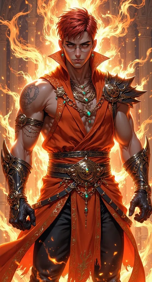 Prompt: ((tall man)) as a ((magical boxer)) with ((short red hair)), wears rectangle glasses, brown orange eyes, dressed in ornate brown orange layered textured boxer armor, he wears a giant sparring gloves, left hand holding ((magic gloves)). He is sparring.

orange sunny skies, high contrast lighting, ((wide length camera)), long distance , long shot, left side angle, wide depth of field. film grain, film textures. 

Overall feeling of reality. The background is a high detailed fighting arena, exploding with orange magic aura.