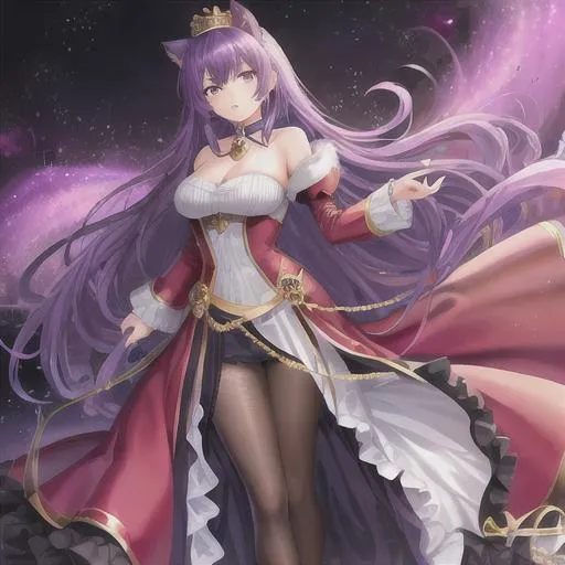 Prompt: young woman, queen, crown, slender, purple hair, cat ears, purple eyes, angry, full body