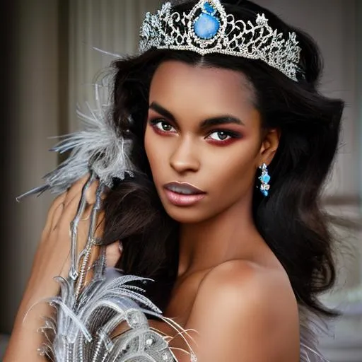 Prompt: A beautiful woman with dark hair, wearing a feathered gown and a sapphire tiara