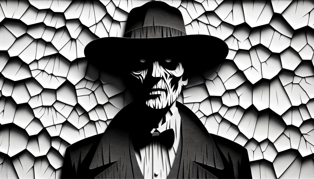 Prompt: a silhouette of a man wearing a hat, in the style of paper sculptures, horror film, wood sculptor, cracked, western-style portraits in wide ratio