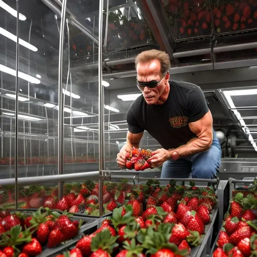 Prompt: The terminator picking strawberries in a vertical farm