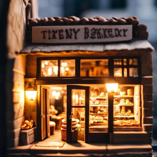 Prompt: Tiny wooden bakery, tiny people, stone oven, busy customers at night 