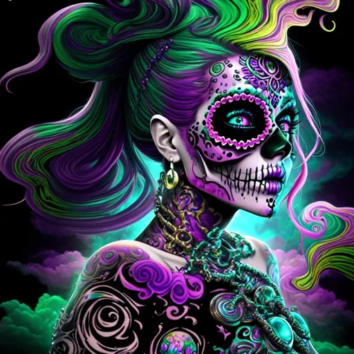 Prompt: beautiful freeform dark chaos vivid bold, 3D, HD, [{one}({liquid metal {one}{Sugarskull}female]::2, (clouds) with {purple gold pink green red silver blood}ink), expansive psychedelic background --s99500 