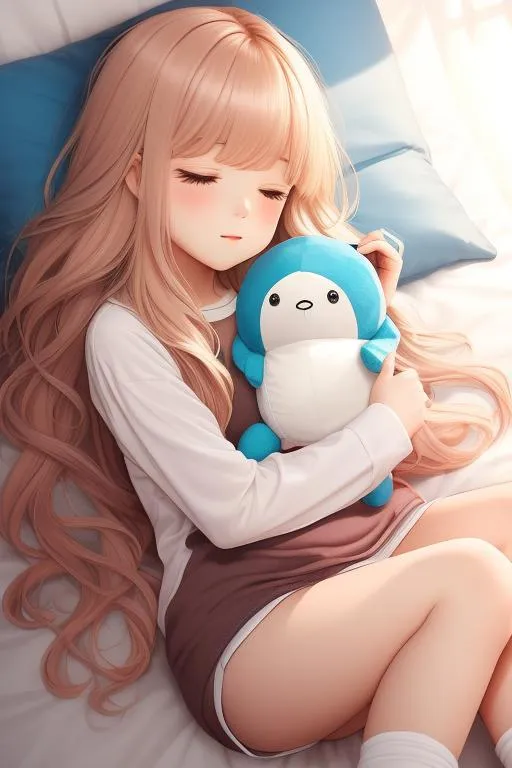 Prompt: ombre hair, sleeping, plushie, long hair, solo, 13 year old girl, fullbody, ((full body)) {{good looking}} {{cute}} {{good body}} {{tight}}, symmetrically colored hair, {{shadows}},
