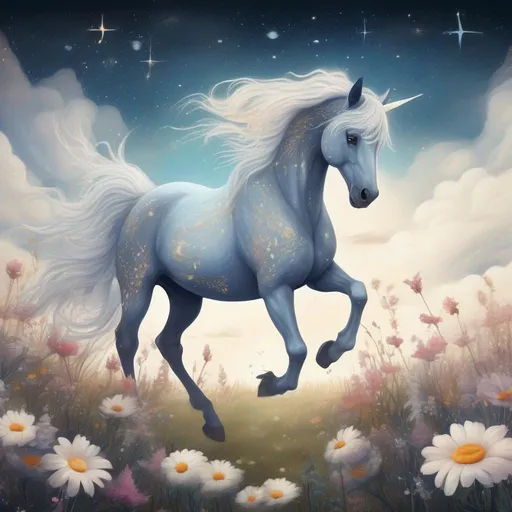 Prompt: A beautiful pegasus with constellations on its sides, walking in a field of clouds and flowers in a painted style