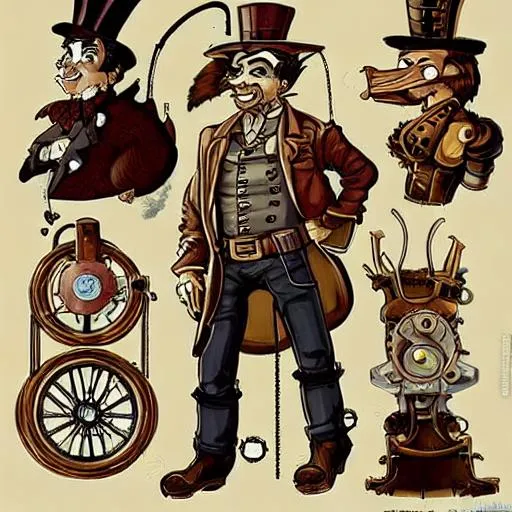 Prompt: steampunk cartoon characters in a hyper realistic distant past