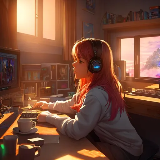 Prompt: gamer girl in a messy bedroom, peacefully on her desk, coffee cup, vibrant gaming setup, soft ambient light from the monitors, cozy atmosphere, vibrant aesthetic, heavenly beauty, 8k, 50mm, f/1. 4, high detail, sharp focus, cowboy shot, perfect anatomy, sunshine on her face, sunset, window side, highly detailed, detailed and high quality background, oil painting, digital painting, Trending on artstation , UHD, 128K, quality, Big Eyes, artgerm, highest quality stylized character concept masterpiece, award winning digital 3d, hyper-realistic, intricate, 128K, UHD, HDR, image of a gorgeous, beautiful, dirty, highly detailed face, hyper-realistic facial features, cinematic 3D volumetric, illustration by Marc Simonetti, Carne Griffiths, Conrad Roset, 3D anime girl, Full HD render + immense detail + dramatic lighting + well lit + fine | ultra - detailed realism, full body art, lighting, high - quality, engraved | highly detailed |digital painting, artstation, concept art, smooth, sharp focus, Nostalgic, concept art,