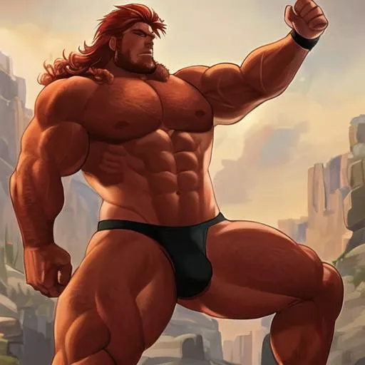 Prompt: A muscular redheaded giant with thick powerful muscles and a huge bulge 