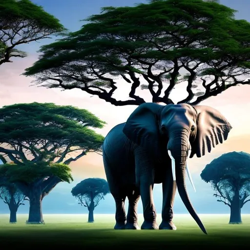 Prompt:  A single elephant next to a heavily  trunked tree closer to the foreground. Add color to the tree and elephant only. More focus  on the tree and elephant.  More prominent tree with a larger tree  trunk.
