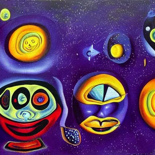 Prompt: An abstract cubism realistic painting of extraterrestrial aliens from all over the galaxy on a purple planet with three Suns above them and 6 moons The weird colorful aliens are all smoking and drinking playing golf. The golf course is the other planets around them. Salvador Dali style with hidden items and riddles placed deep into the painting 
