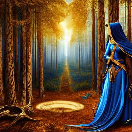 Prompt: Hollow, female, zodiac signs, drawing, dynamic setting, realistic proportions, gothic, forest, background, detailed blue, black, gold, copper, jade tinted, grim, Leonardo da Vinci's 