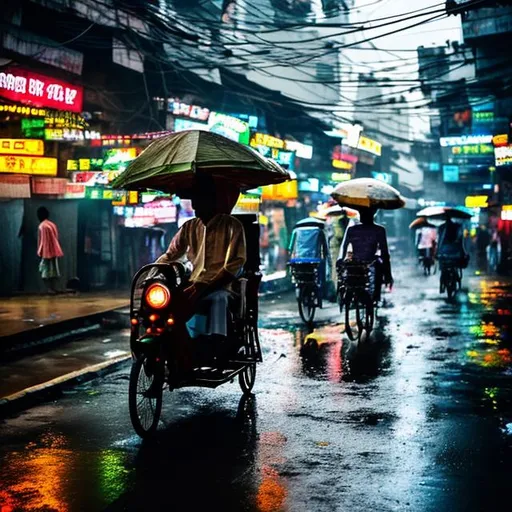 Prompt: Rickshaw in a futuristic rainy street of Dhaka 