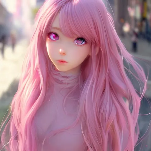 Prompt: Please produce a beautful, gorgeous, semi realistic, anime woman, with long pink hair, dress