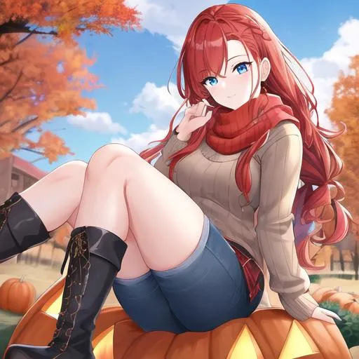 Prompt: Haley 1female (braided red hair pulled back, lively blue eyes), highly detailed face, 8K, UHD, wearing a cozy oversized sweater, ripped jeans, and ankle boots, in the park, fall. Model, wearing a scarf, looking up at the sky, in a pumpkin patch, posing for the camera, young adult