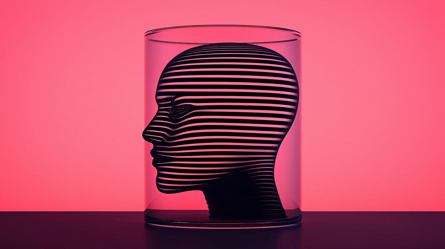 Prompt: a picture of a head within a glass, in the style of video feedback loops, stripes and shapes, machine aesthetics, light silver and dark navy, future tech, alex ross, calming and introspective aesthetic