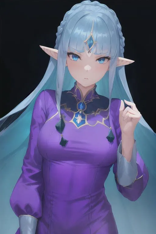 Prompt: 1 girl, queen, highly detailed blue eyes, highly detailed face, innocent looking, regal looking, regal, 8k UHD, young girl, pointy ears, divine, highly detailed blue dress, long sleeved, anime, long dress, fully clothed, fantasy kingdom backdrop, highly detailed back braided silver hair, slight front bangs, scenic view landscape, magical feel, aerial view, idyllic, overhead shot, determined