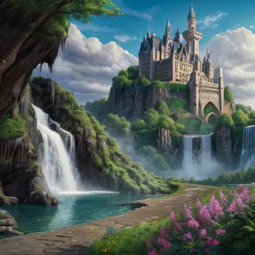 Prompt: A waterfall with a medievall castle in the background