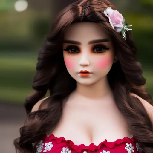 Prompt: A mexican woman turned into a porcelain doll in a victorian dress, hyper realistic with a shiny gleam on her skin. sharp focus image, with a resolution of 16k, full body picture.