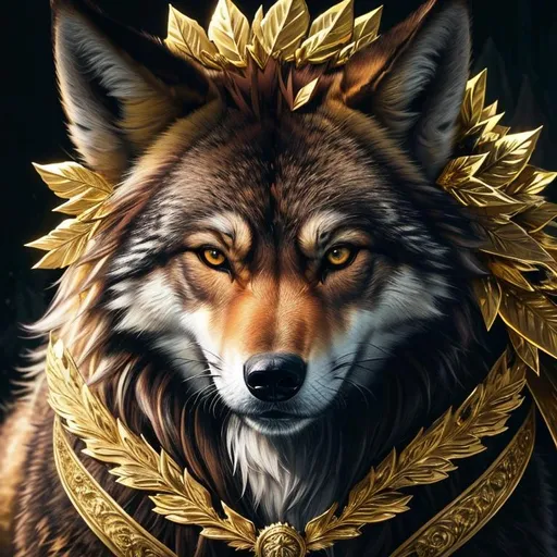 Prompt: stunning brawny rugged wolf, (quadrupedal canine), UHD, HDR , 8k eyes, detailed face, big anime intense eyes, gold leaf wreath, dense bright gold fur, intricate details, insanely detailed, masterpiece, cinematic lighting, hyper realistic, hyper realistic fur, 8k, complementary colors, insanely beautiful and detailed mountain peak castle, golden ratio, masterpiece, epic oil painting, vibrant, vivid colors, fantasy art, high octane render, photo realism, volumetric lighting, glaring, growling, wise, depth, high definition face, highly detailed intense shading, unreal 5, by Yuino Chiri, artstation, top model, sunlight on hair, sparkling gold jewels on crest, intricate hyper detailed breathtaking colorful glamorous scenic view landscape, ultra-fine details, hyper-focused, deep colors, intense colors, dramatic lighting, ambient lighting, by sakimi chan, anne stokes, artgerm, wlop, pixiv, tumblr, instagram, deviantart